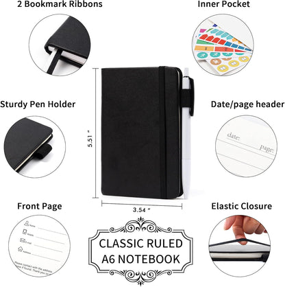 feela 3 Pack Pocket Notebook Journals with 3 Black Pens, A6 Mini Cute Small Journal Notebook Bulk Hardcover College Ruled Notepad with Pen Holder for Office School Supplies, 3.5”x 5.5”, Gray