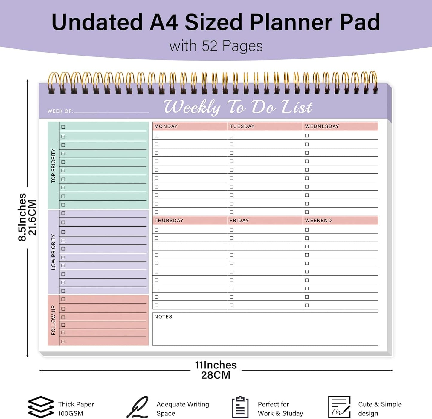 Weekly To Do List Notepad with 52 Undated Sheets（8.5"×11"）- Weekly Desk Planner Pad with Spiral Binding for Women & Man, Office, School and Home Personal Organizer