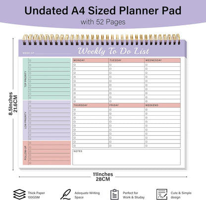 Weekly To Do List Notepad with 52 Undated Sheets（8.5"×11"）- Weekly Desk Planner Pad with Spiral Binding for Women & Man, Office, School and Home Personal Organizer