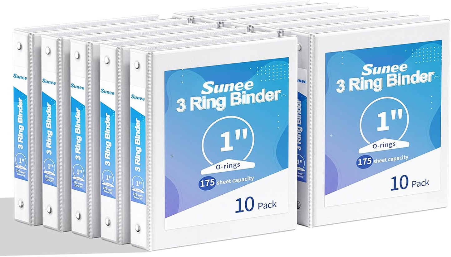 SUNEE 1/2 Inch Binders 3 Ring 10 Pack Bulk, PVC-Free Clear View Half Inch Binders (Fits 8.5x11 Inches) for School, Office & Home Use, White
