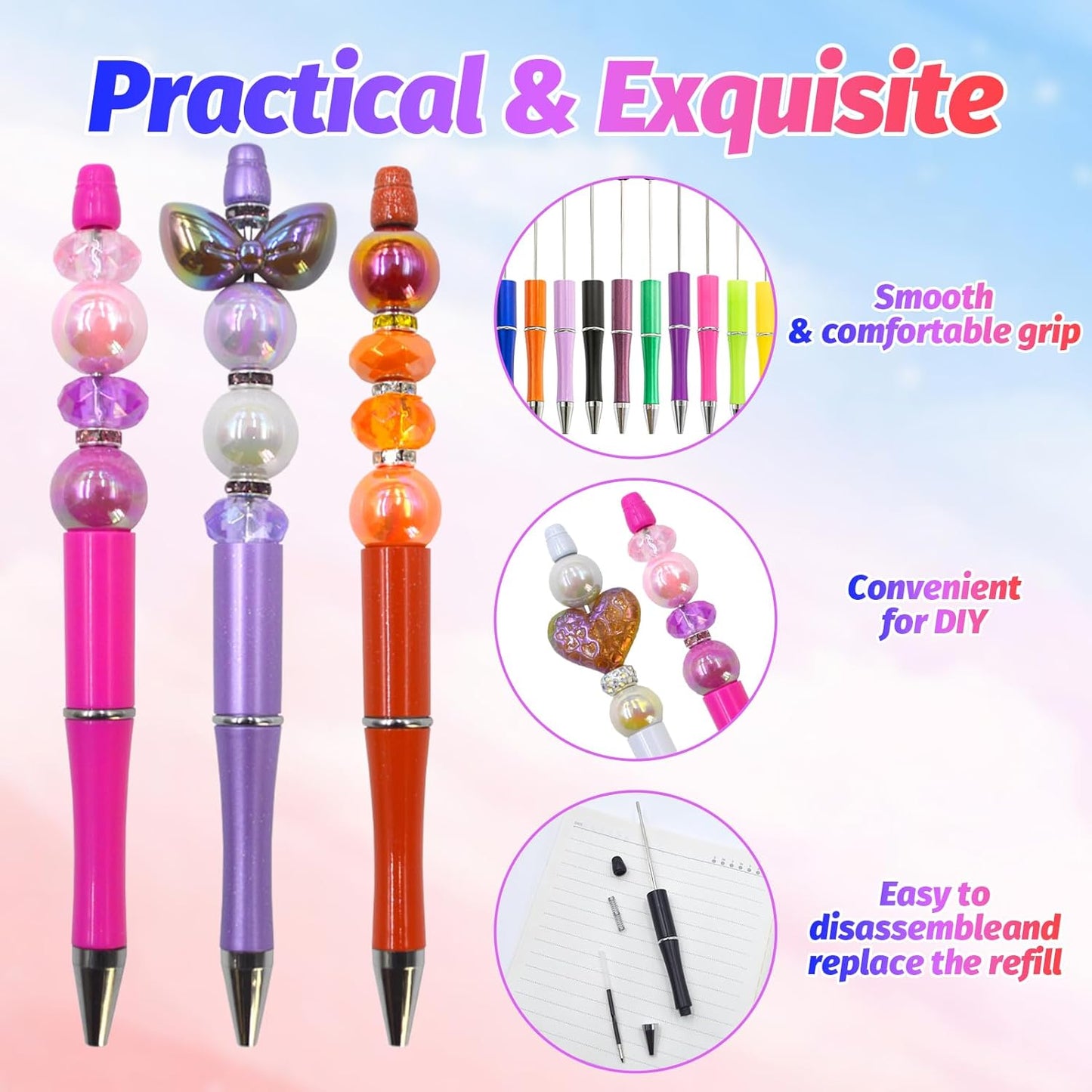 150 Pieces DIY Beadable Pen Kit – 50 Plastic Ballpoint Pens with Refills & Bags, Beads Not Included – School Supplies, Office Accessories & Craft Gifts for Students & Teachers (Multicolor)