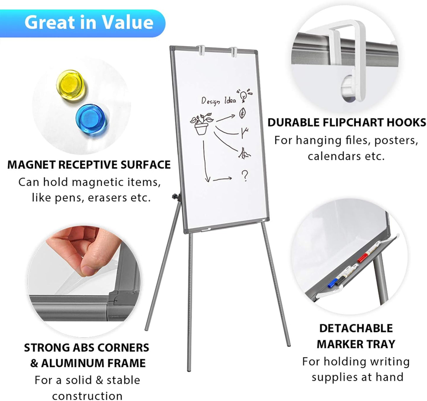 Easel Whiteboard - Magnetic Portable Dry Erase Easel Board 36 x 24 Tripod Whiteboard Height Adjustable Flipchart Easel Stand White Board for Office or Teaching at Home & Classroom (Black)