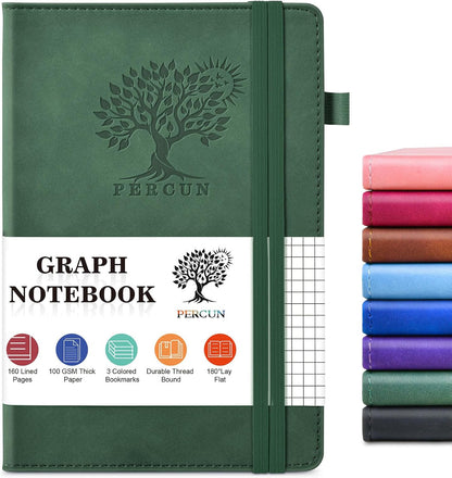 PERCUN Graph Paper Notebook, 160 Pages Grid Journal for women & men, A5 Hardcover Leather Graphing Notebook for School, Work, Travel, Note Taking 5.9”x8.5” (Black)