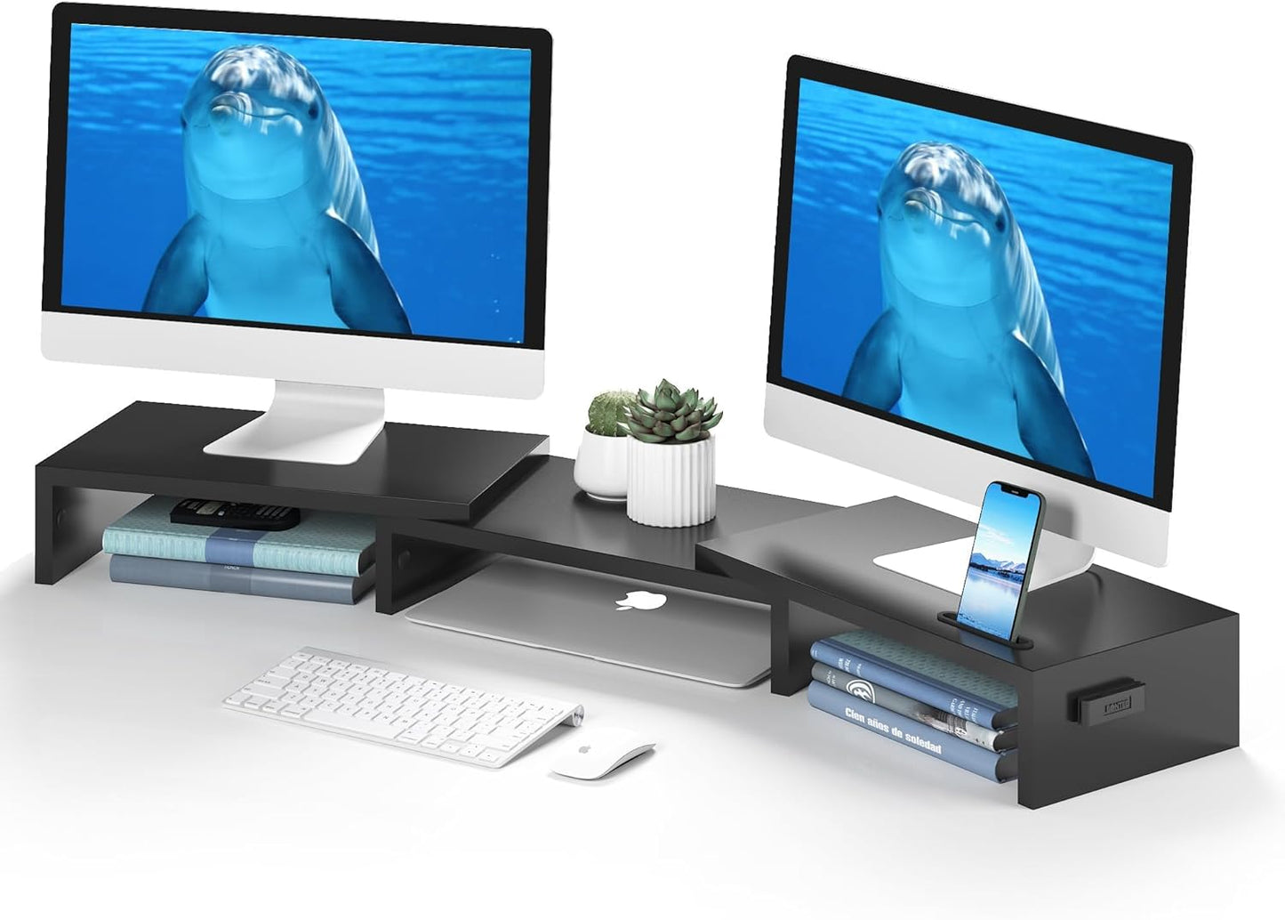 BONTEC Dual Monitor Stand Riser with Smartphone Holder, Adjustable Length & Swivel Angle, Ergonomic Wooden Desktop Organizer for PC Monitor, Laptop, Printer, Large Storage, White