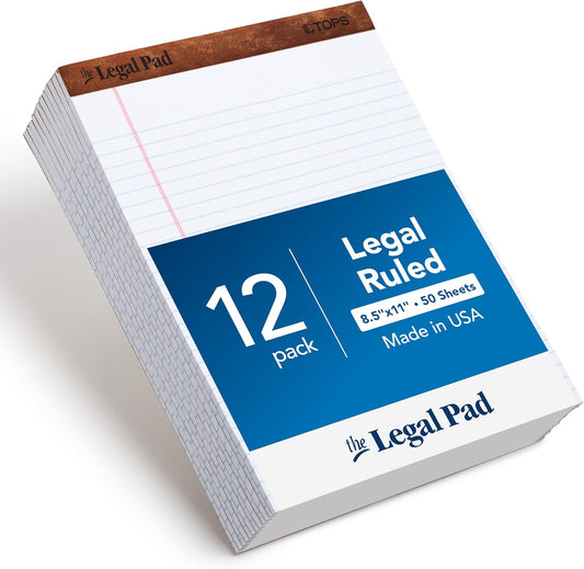 TOPS 8.5 x 11 3/4 Legal Pads, 12 Pack, The Legal Pad Brand, Wide Ruled, White Paper, 50 Sheets Per Writing Pad, Made in the USA (7533)