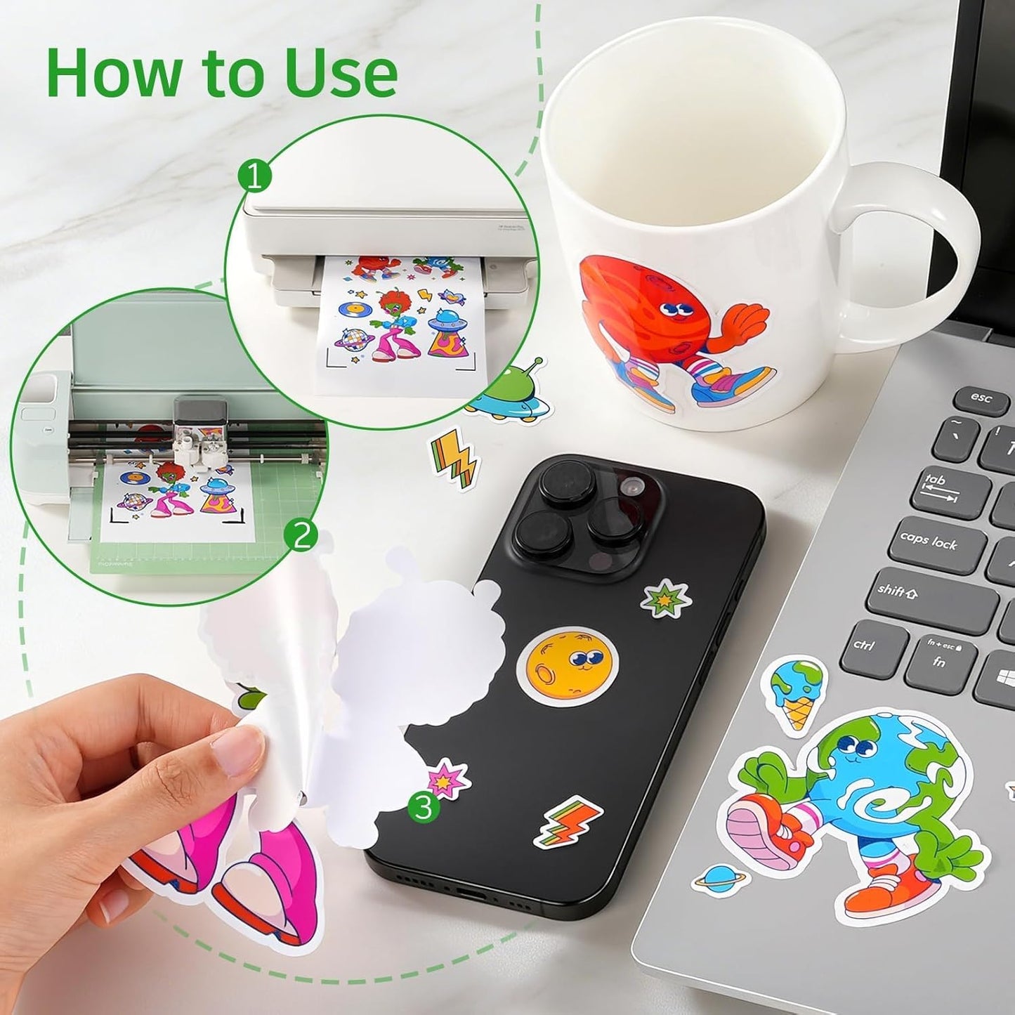 Printable Vinyl Sticker Paper for Inkjet and Laser Printer - Glossy White - 21 Waterproof Decal Paper Self-Adhesive Sheets 8.5"x11"- Dries Quickly and Holds Ink Beautifully