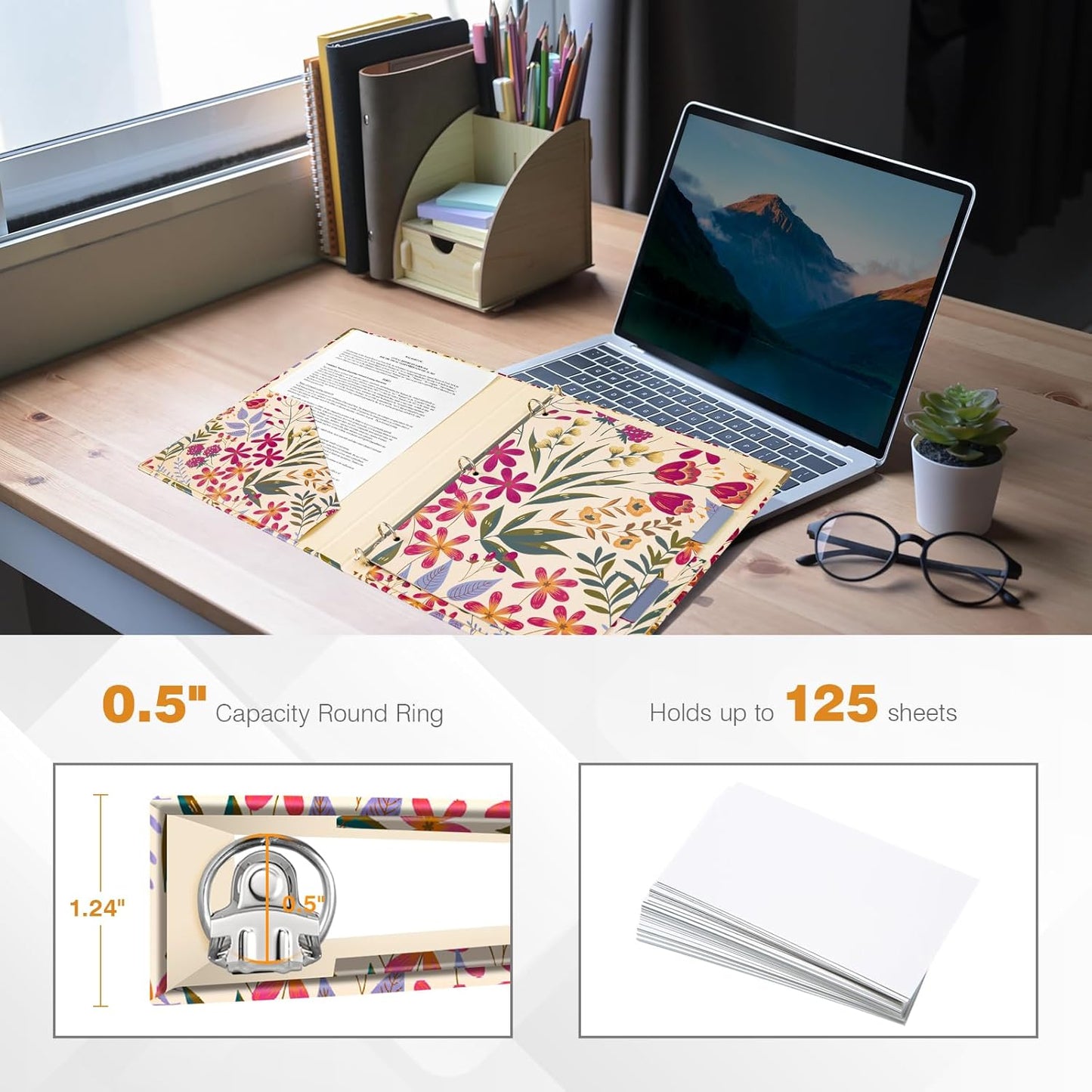 Ospelelf Binder 3 Ring 1 Inch, Floral Round Ring Clipboard Binder for Letter Size with 5 Tab Dividers, File Folder Labels, for School and Office Supplies