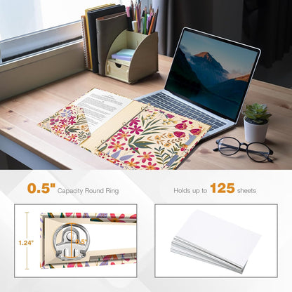 Ospelelf Binder 3 Ring 1 Inch, Floral Round Ring Clipboard Binder for Letter Size with 5 Tab Dividers, File Folder Labels, for School and Office Supplies