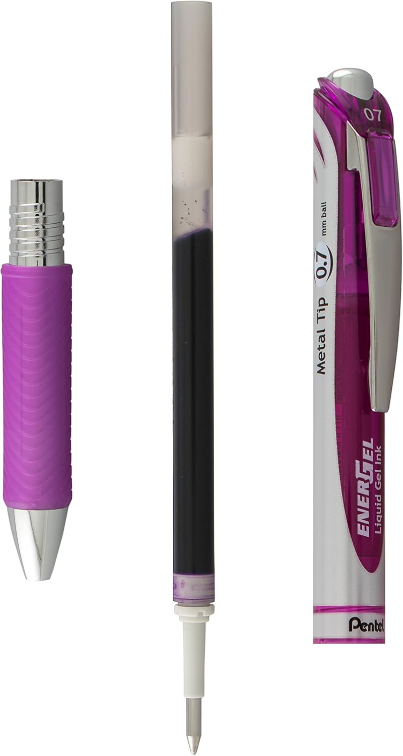 Pentel EnerGel RTX Retractable Liquid Gel Pen, Medium Line, Metal Tip, Pink/Violet Ink, 2-Pack (BL77BP2PV)