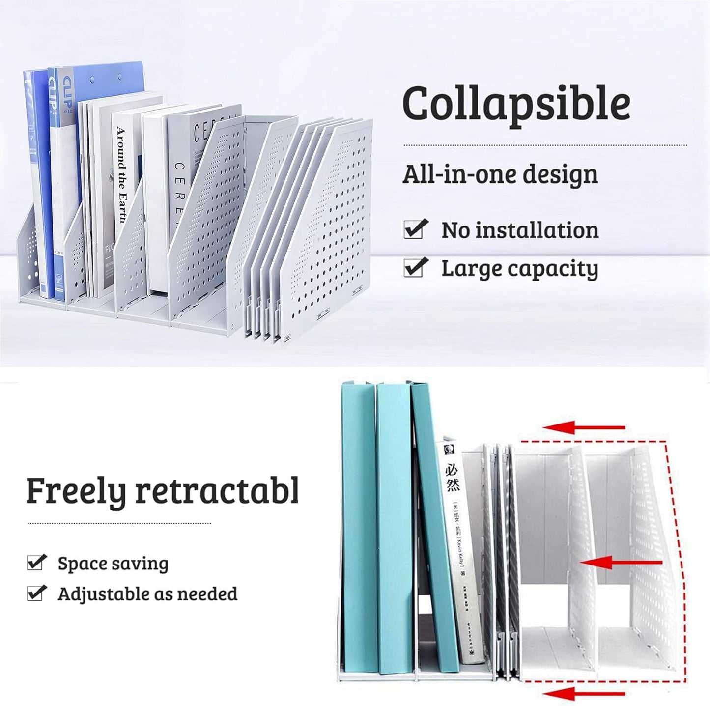 Marte Vanci Collapsible Magazine File Holder with 4 Vertical Compartments, Binder Holder for Desk, Desktop Binder Organizer for Notebook, Documents, Book, School Office Supplies(Light Gray)