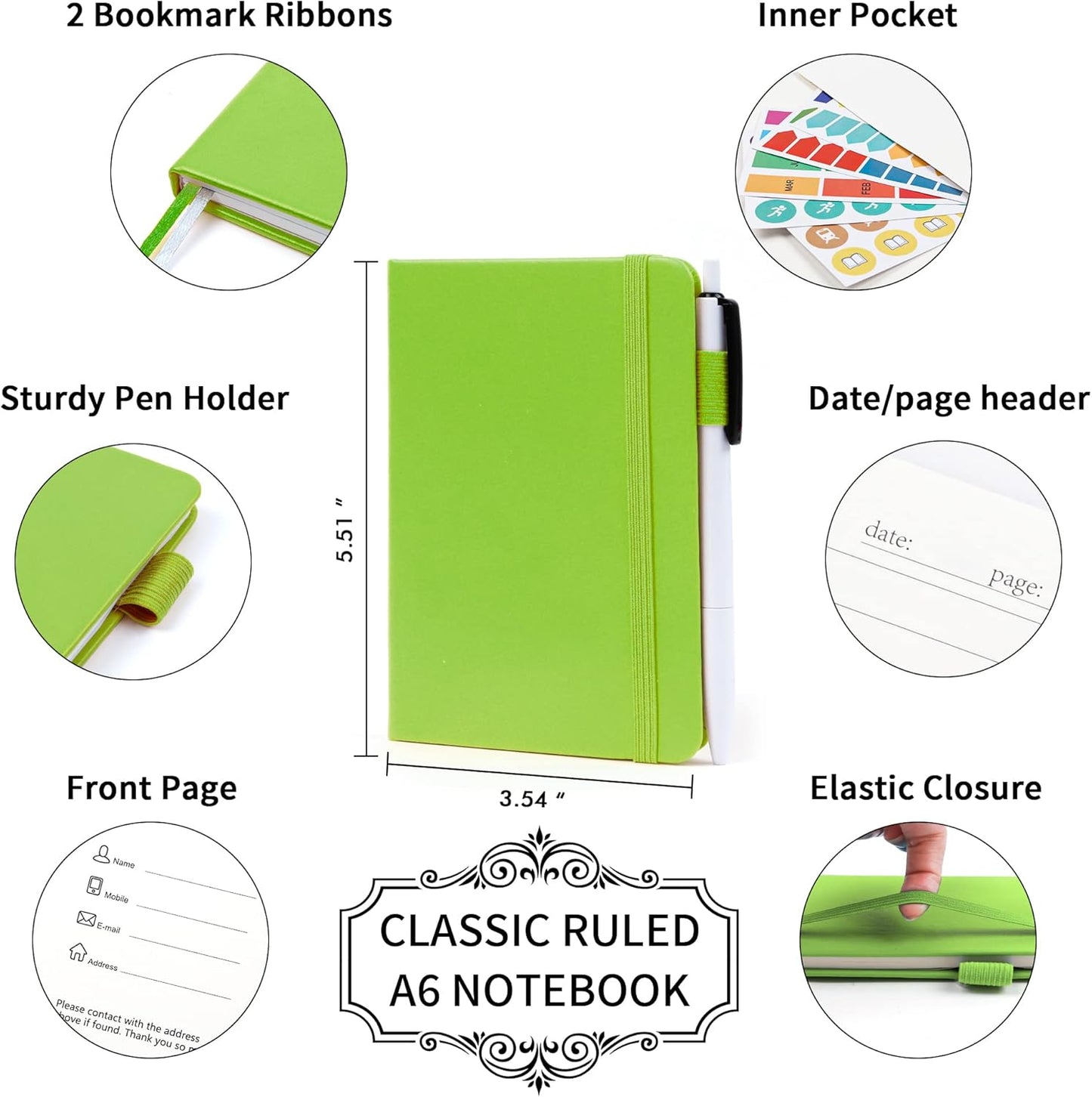 feela 3 Pack Pocket Notebook Journals with 3 Black Pens, A6 Mini Cute Small Journal Notebook Bulk Hardcover College Ruled Notepad with Pen Holder for Office School Supplies, 3.5”x 5.5”, Gray