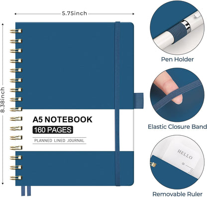 AHGXG Spiral Journal Notebook, 160 Lined Pages, A5 Medium Size (5.7'' x 8.3''), for Men & Women, Journaling, Writing, Work & Office, Hardcover, 100 GSM Thick Paper (Light Green)