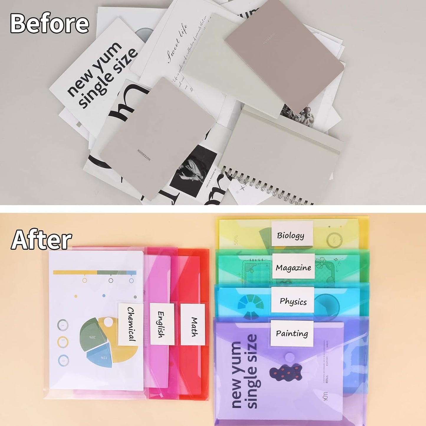 EOOUT 30 Pack 10 Color Plastic Envelopes Poly Envelopes, Hook & Loop Closure File Folders Clear Document Folders File Envelopes with Label Pocket A4 Size