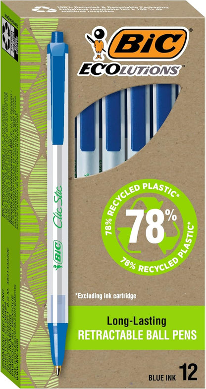 BIC Ecolutions Clic Stic Black Ballpoint Pens, Medium Point (1.0mm), 12-Count Pack, Retractable Ball Point Pens Made from 78% Recycled Plastic
