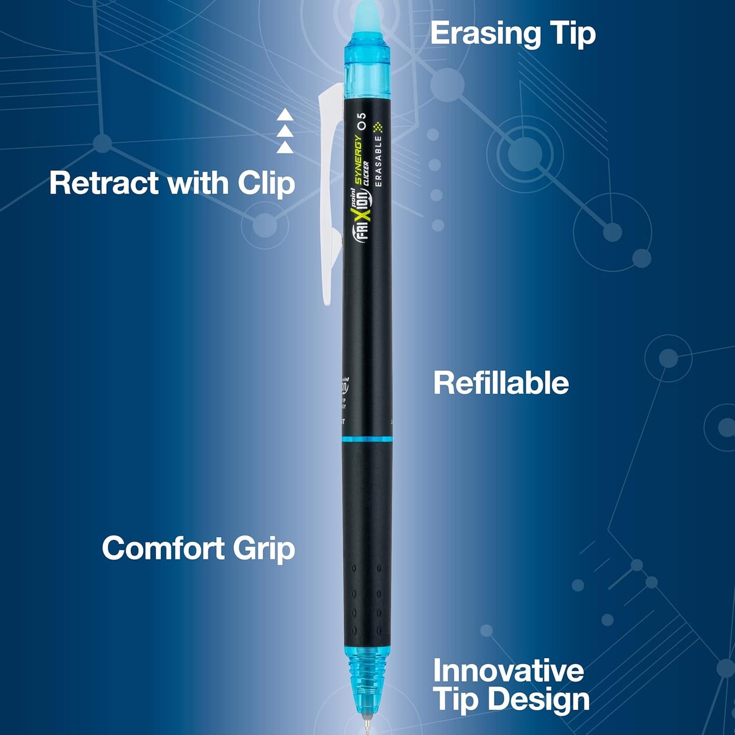 PILOT FriXion Synergy Clicker Erasable, Refillable & Retractable Gel Ink Pens, 0.5mm Extra Fine Point, Black Ink, 5-Pack