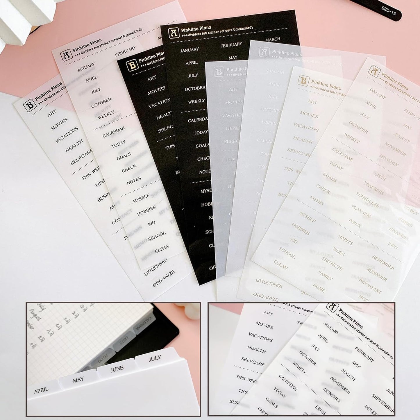 DY.2ten Black Binder Dividers for 6-Holes Ring Binder, 1/7 Cut Tabs, A5 Size, Sturdy Plastic Dividers with 7 Tabs for School Office Home, 2 Sets, 14 Dividers, 2 Tab Stickers.