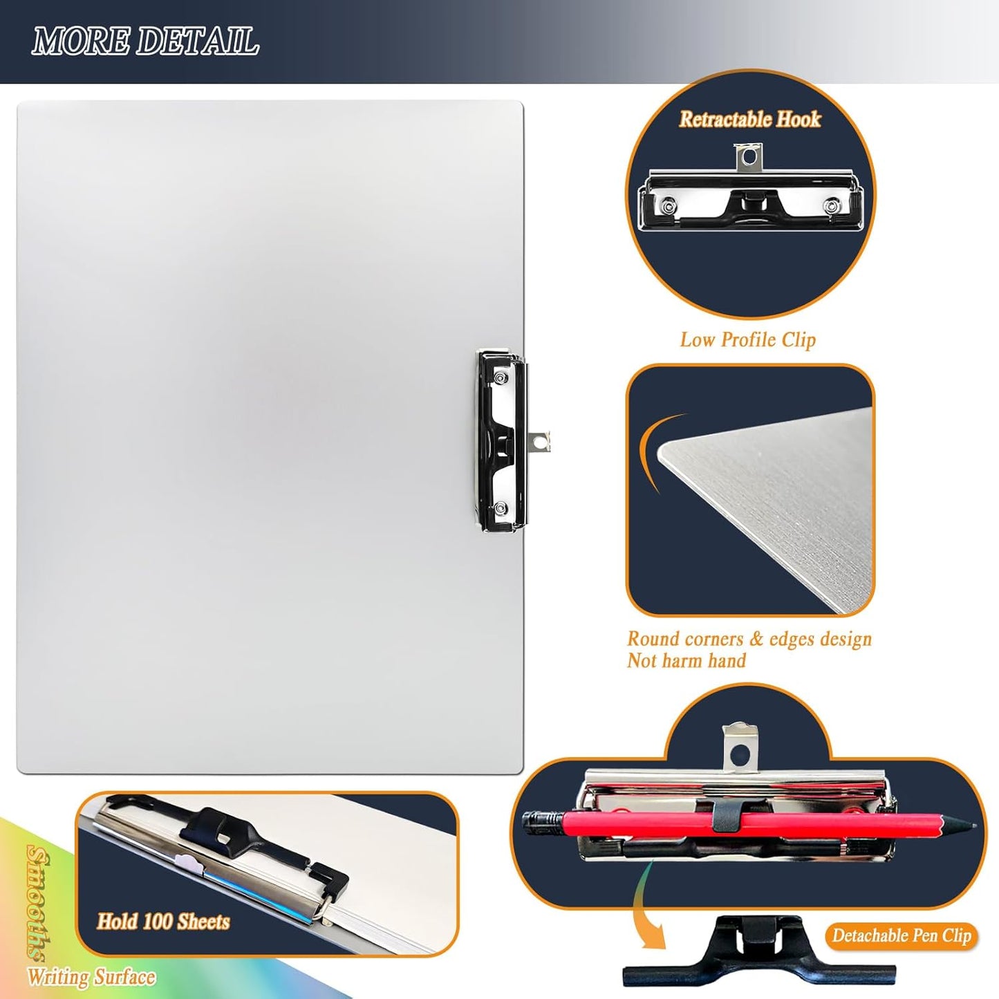 Three Clip Aluminum 11x17 Clipboard Metal Stainless Hangable Clipboards Art Pen Holder Extra Large Clip Board for Business Medical Professionals Workshop (Silver, A3-3Clip)