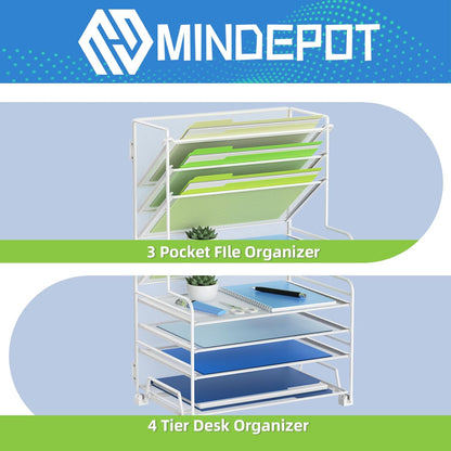 MINDEPOT 4-Tier Paper Organizer + 3-Pocket File Holder + Drawer + Pen Holders, Desktop File Organizers Paper Tray for Office Supplies School Classroom Organization (Black, No Drawer & Pen Holder)