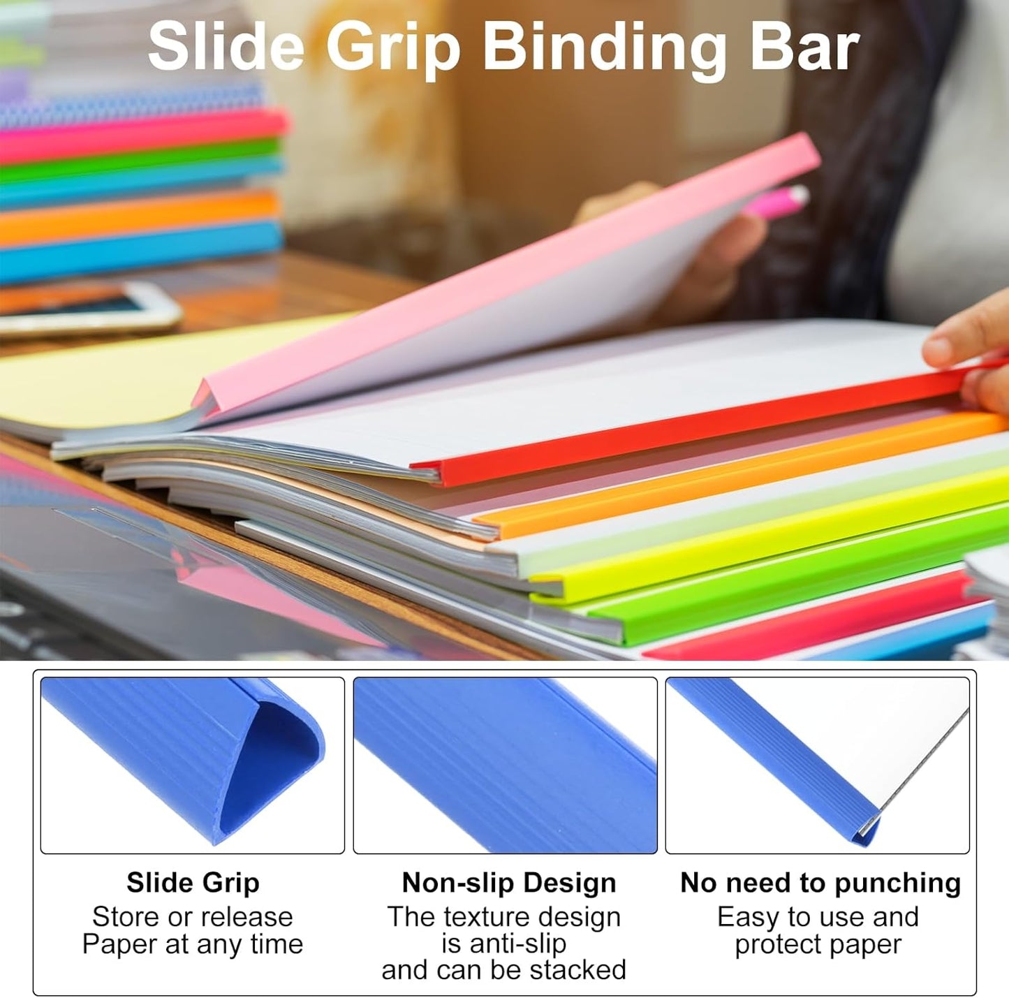 PATIKIL 10Pcs Binding Bars, 15mm Binding Bars Slide Grip 120 Sheets Capacity A4 Size Report Binder Triangle Presentation Binder for Report Cover Resume, Blue