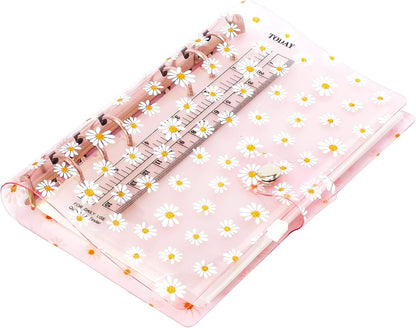 A6 A5 6-Holes Colorful PVC Cover Round Ring View Binder with Snap Button Closure File Folder for Loose Leaf Sheet Protectors Notebook Refill (Pink Daisy, A5 Mini Set) - Colors A