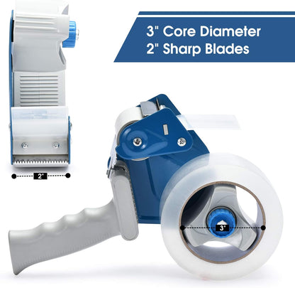 Pacific Mailer 2 Inch Tape Gun Dispenser with 2 Inch Carton Packing Tape, Lightweight Industrial Side Loading Tape Dispenser - Blue