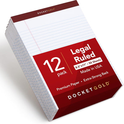 TOPS Legal Pads, 12 Pack, Premium Docket Gold Note Pad Bulk Pack, 50 Legal Ruled 8.5 x 11 Sheets, Thick White Paper with Extra Hard Back, Proudly Made in the USA