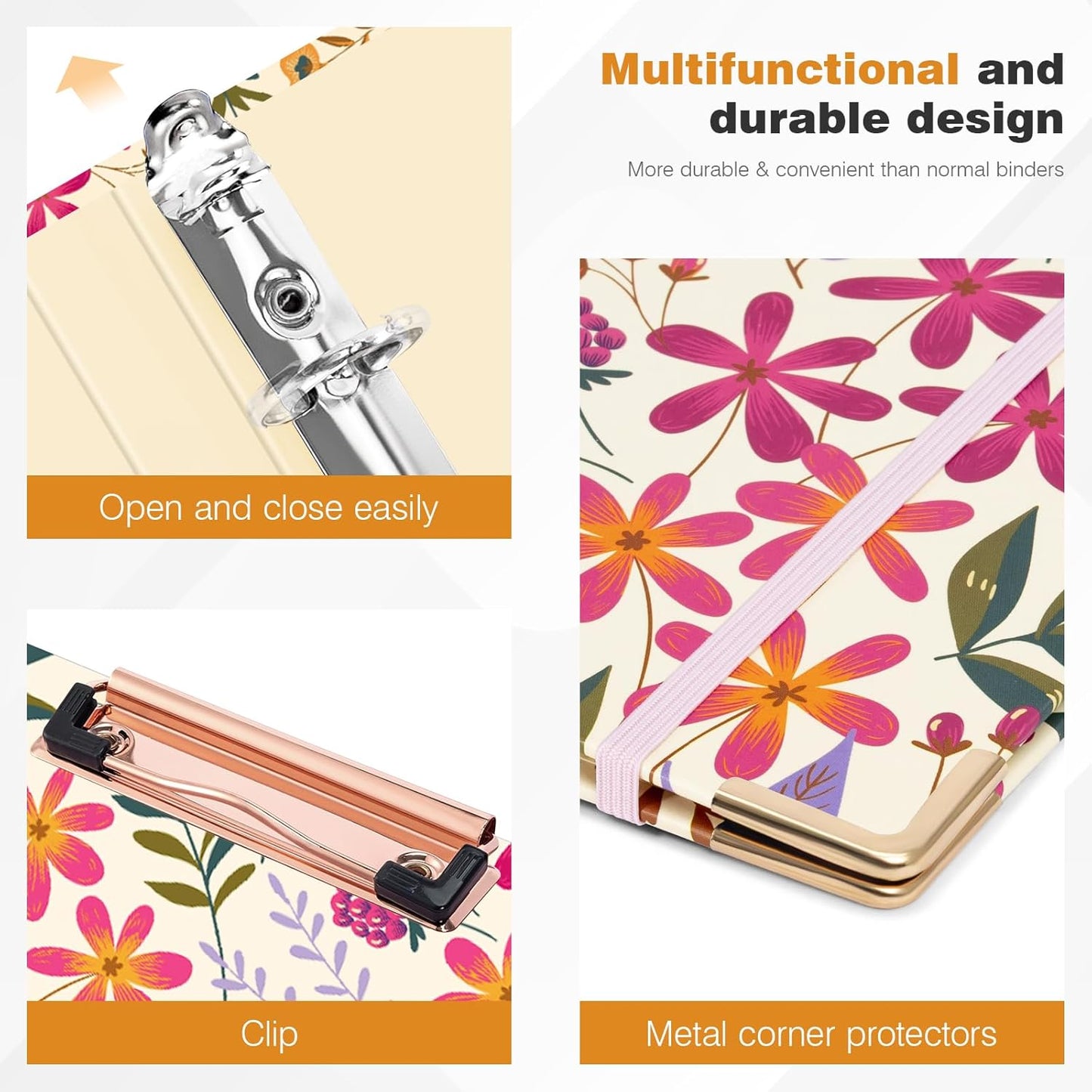 Ospelelf Binder 3 Ring 1 Inch, Floral Round Ring Clipboard Binder for Letter Size with 5 Tab Dividers, File Folder Labels, for School and Office Supplies