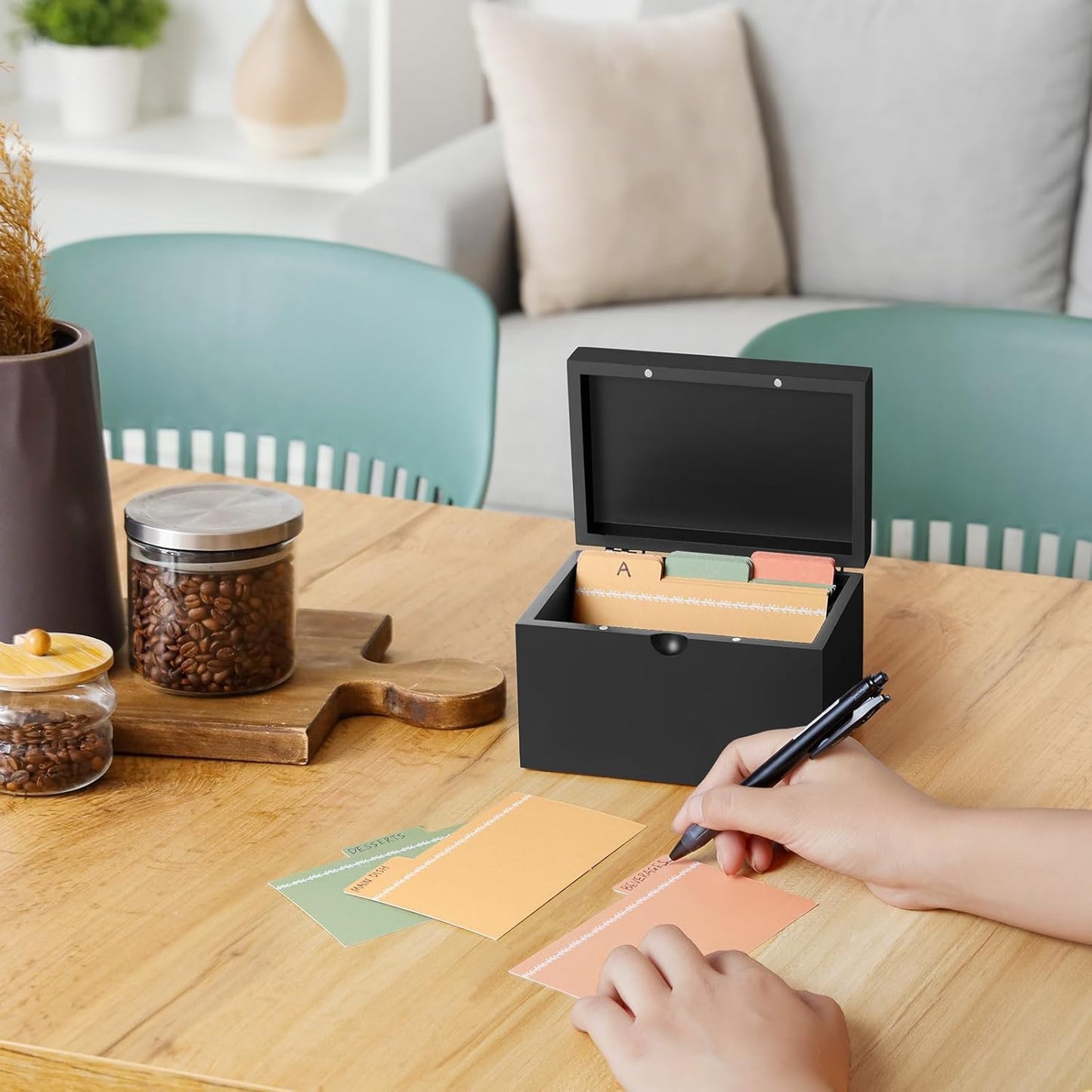 DRASTAR Index Card Holder, 3x5 Index Card Box, Wooden Index Card Organizer with 45 Dividers, Flashcard Notecard Holders for Home Office, Brown
