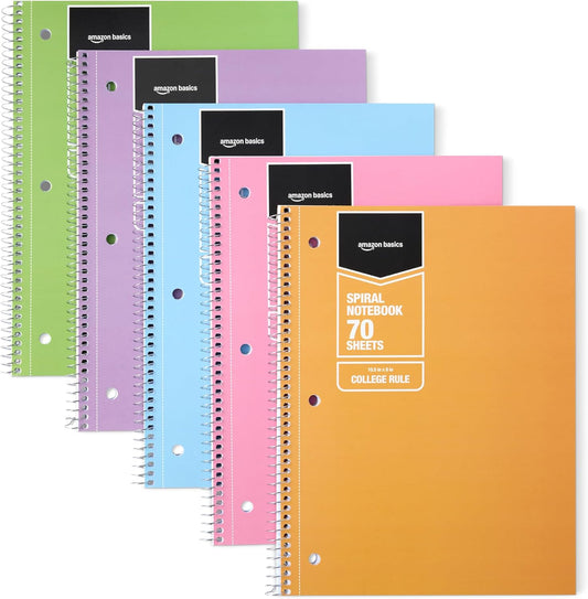 Amazon Basics College Ruled Spiral Notebook, For Work and School, 70 Sheets, 8" x 10.5", Assorted Solid Colors, 5 pack