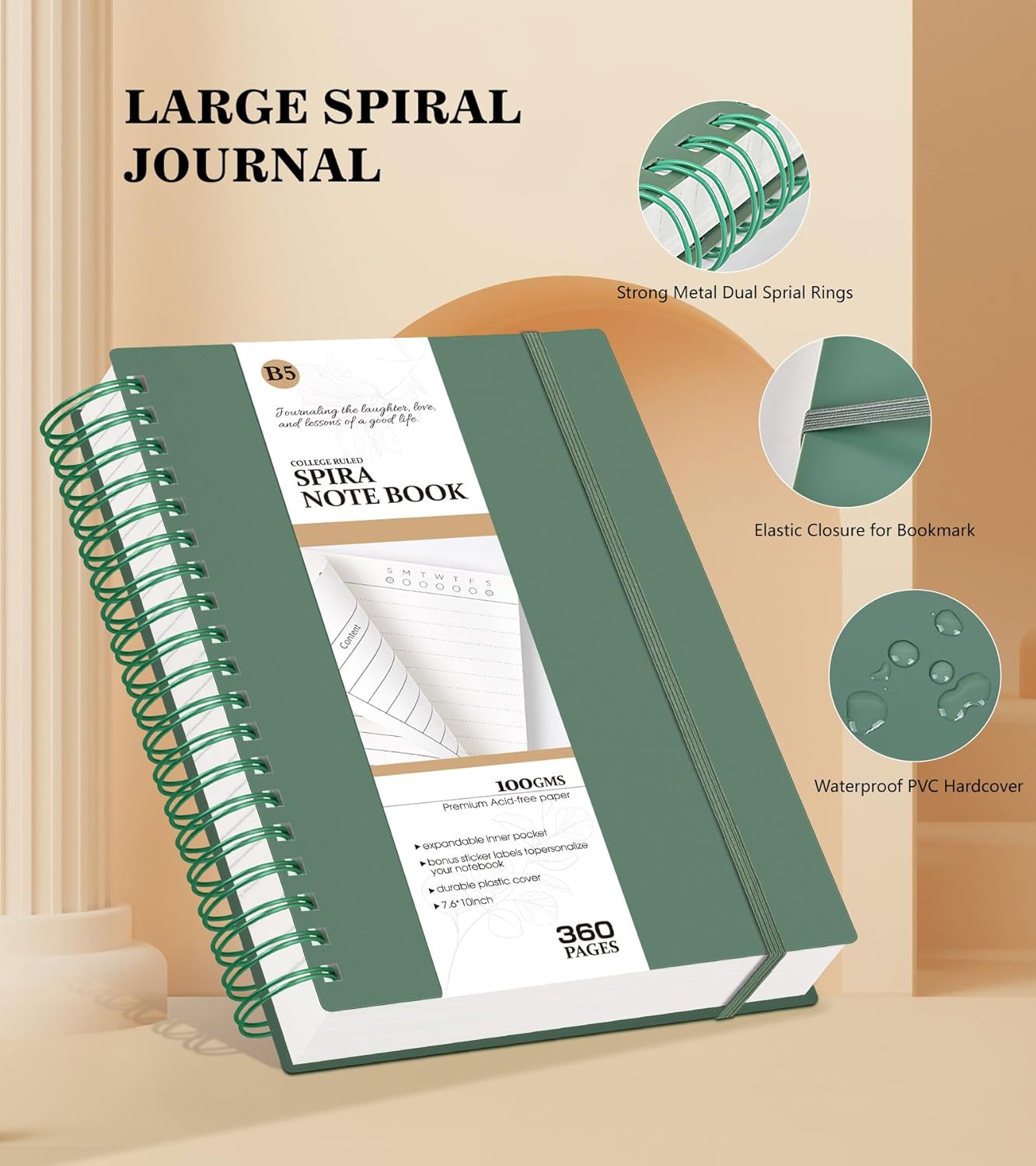 MUAHLIUB Spiral Notebook Journal College Ruled, 360 Pages Lined Thick Journals for Women Men, B5 Big Notebooks with 100GSM Paper, Spiral Bound Journaling for Writing Work School Black 7.6"×10"