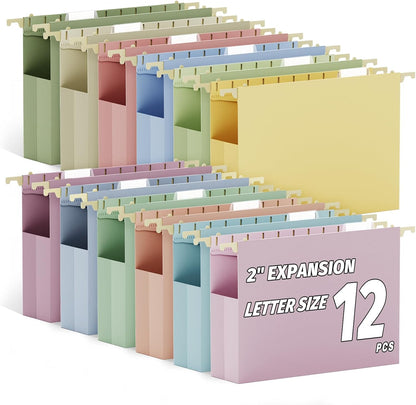 Ansook 12 Pack Hanging File Folders, Plastic Letter Size File Folders Hanging with Tabs, Heavy Duty 1 Inch Expansion, Pastel Hanging Organizers for Filing Cabinet, Home Office School Document Storage
