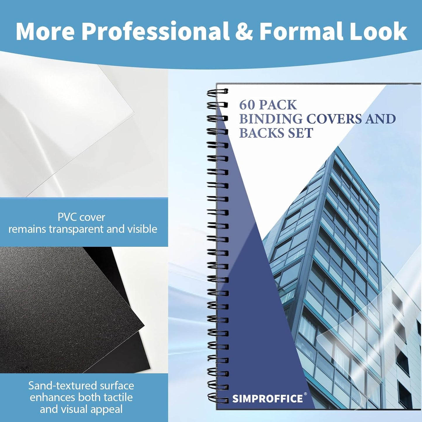 60 Pack Binding Covers and Backs Set, 8.5 x 11 Inches, 30P Clear PVC Covers (8 Mil), 30P Black Sand-Textured Polycovers (12 Mil)，Presentation Covers for Binding, Letter Size