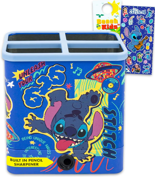 Disney Stitch Pencil Holder Set - Bundle of Disney Desk Organizer, Pencil Sharpener, Stickers | Lilo & Stitch Desktop School Stationery Supplies Pack