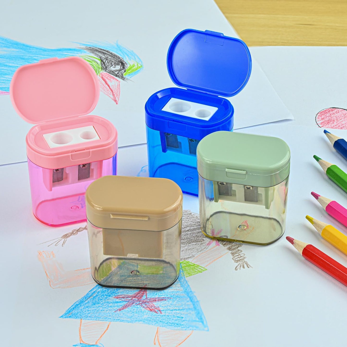 Colored Manual Pencil Sharpeners in Bulk, BOPART 24pcs Small Handheld Pencil Sharpener Dual Holes with Lid for Kids Adults at Classroom School Office Home (24Pcs Sharpeners - D)