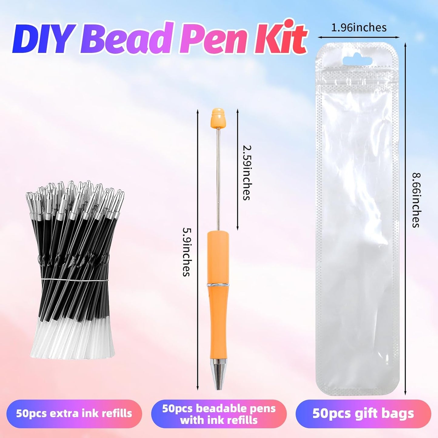 150 Pieces DIY Beadable Pen Kit – 50 Plastic Ballpoint Pens with Refills & Bags, Beads Not Included – School Supplies, Office Accessories & Craft Gifts for Students & Teachers (Multicolor)