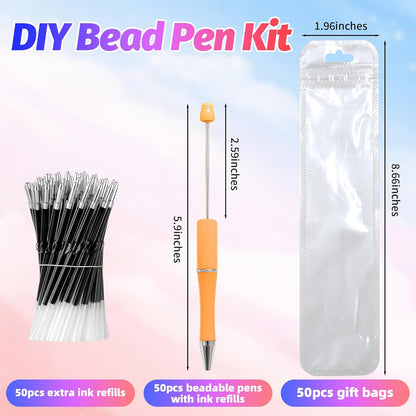 150 Pieces DIY Beadable Pen Kit – 50 Plastic Ballpoint Pens with Refills & Bags, Beads Not Included – School Supplies, Office Accessories & Craft Gifts for Students & Teachers (Multicolor)
