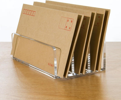 5 Compartments Clear Acrylic Mail Holder – Vertical Letter Sorter & Multifunction Desk Organizer for Bills, Documents, Notebooks – Modern Office/Home Envelope File Rack
