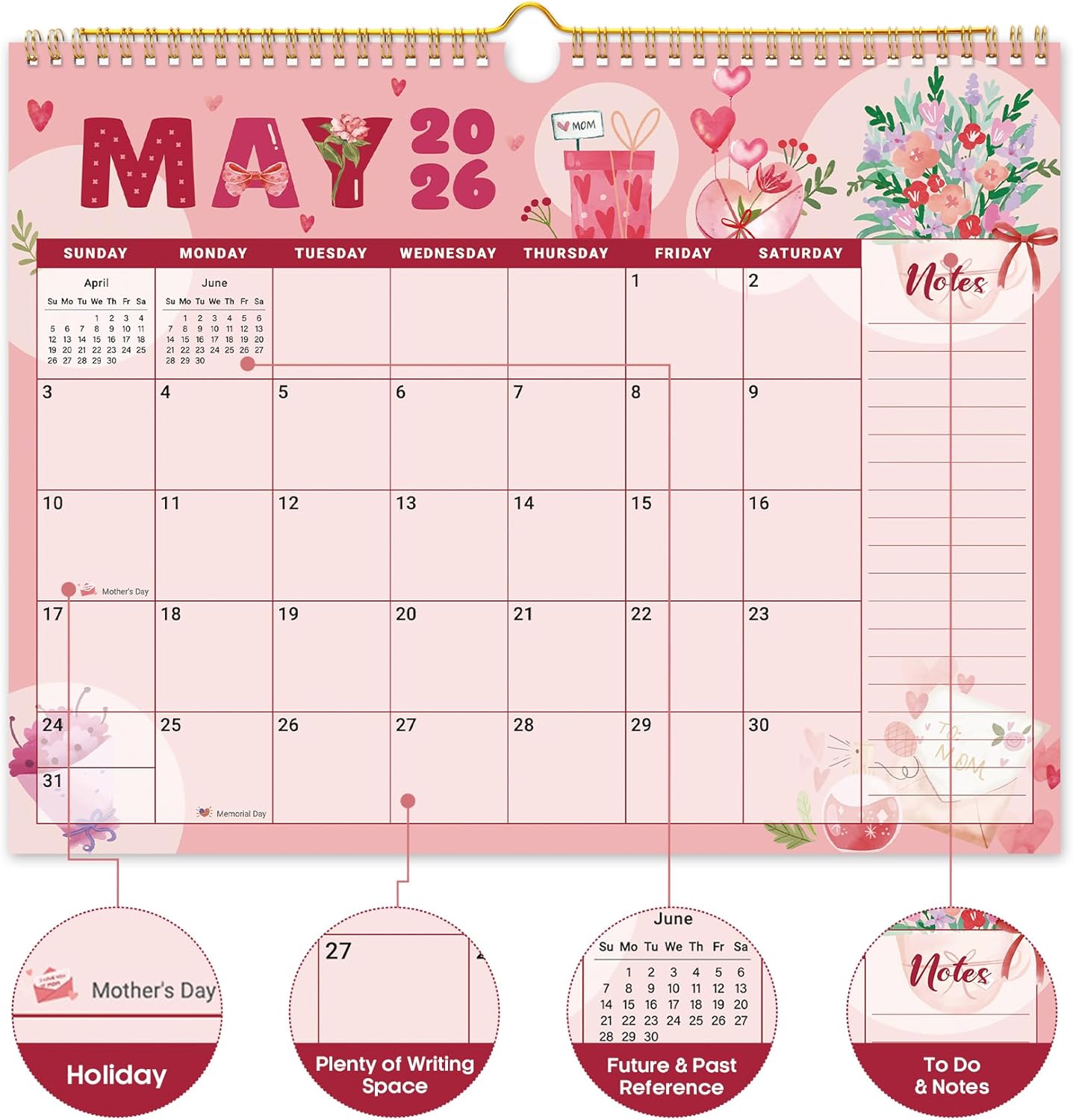 Calendar 2026-2027, Monthly Wall Calendar Runs Until June 2027, 11.5" x 14.8", Spiral Binding Hanging Wall Calendar, Perfect for Home or Office,Floral