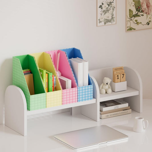 JiaWei Magazine File Holder Foldable Storage Boxes for Documents - Set of 4 Cardboard Magazine Rack Made of 2150 g/m² 10.5 cm Wide，Desk Organizer for Classroom, Home, and Office - Colorful