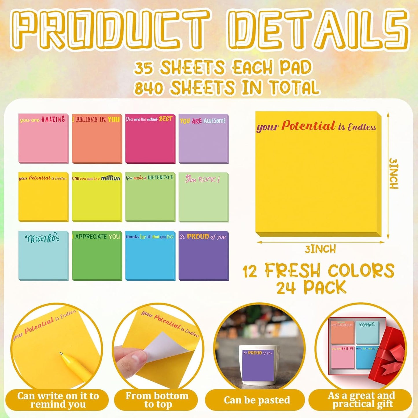 Yinder 48 Pcs Inspirational Sticky Notes Cute Motivational Sticky Notes Pad End of Year Employee Appreciation Gifts Bulk for Teacher Nurse Coworkers Office Supplies 3 x 3'' (Thank You,Dark Color)