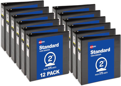 Avery Standard View 3 Ring Binders, 0.5" Round Rings, 100-Sheet Capacity, 0.7 Inch Wide Spine, Black Binders, Ideal for Lightweight Organization and Occasional Referencing (12-Pack of 05705)