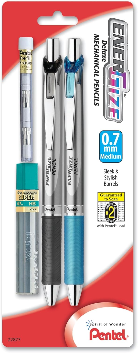 Pentel EnerGize Automatic Pencil with Lead and Erasers, 0.7mm, Assorted, 2 Pack (PL77LEBP2)