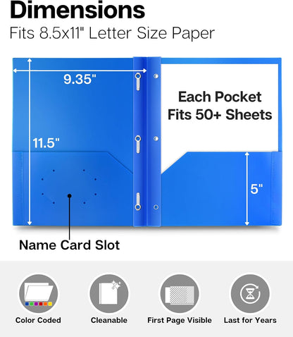 Dunwell 2-Pocket 3-Prong Folders with Clear Front View Pocket, 6 Vibrant Colors, Durable Acid-Free Poly Plastic, 3-Hole Binders with Brads and Pockets, Include Labels