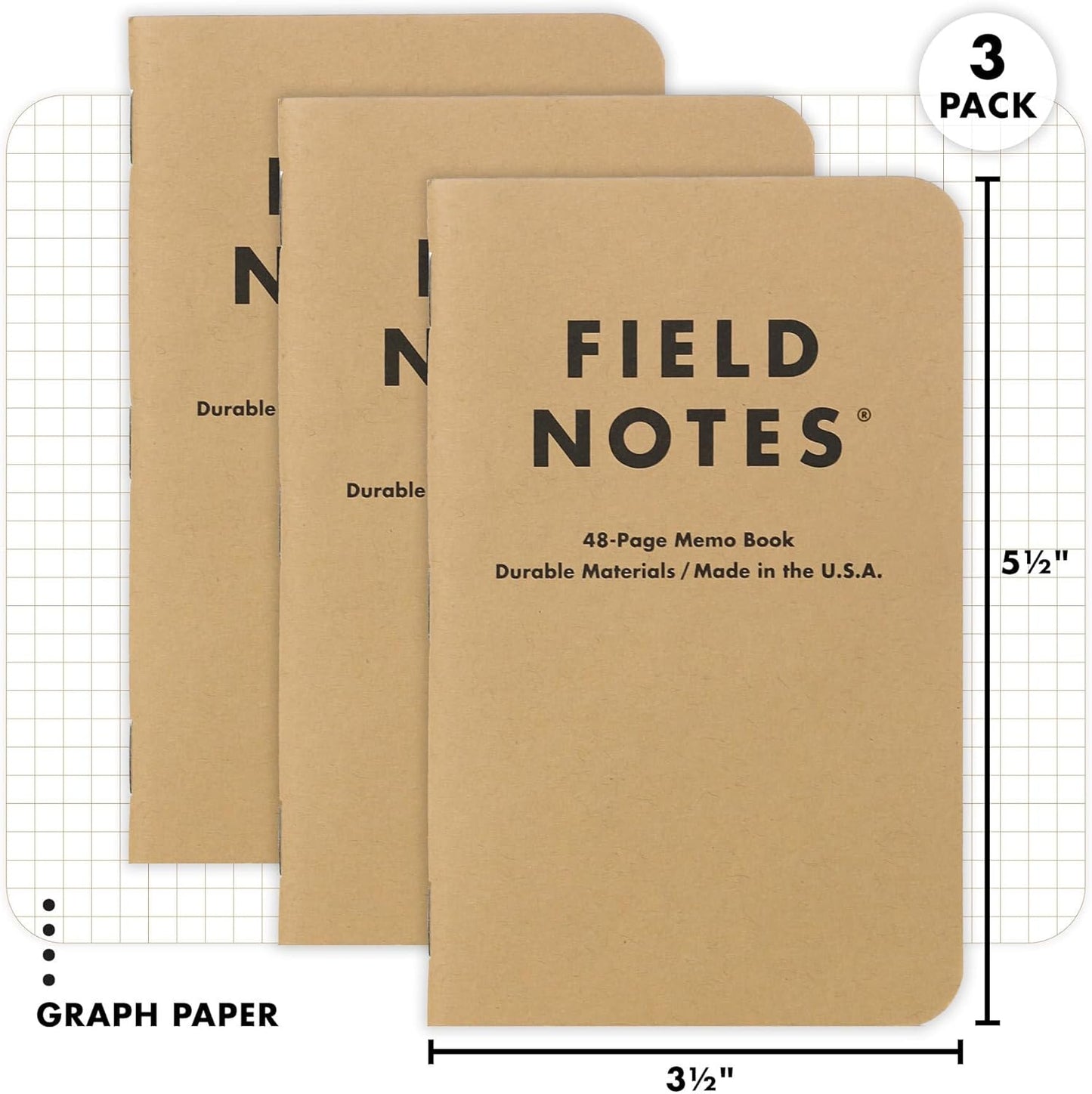 Field Notes: Original Kraft 3-Pack - Mixed Paper (1 Graph/Grid, 1 Ruled/Lined, 1 Plain/Blank) Memo Books - 48 Page Pocket Notebooks - 3.5" x 5.5"