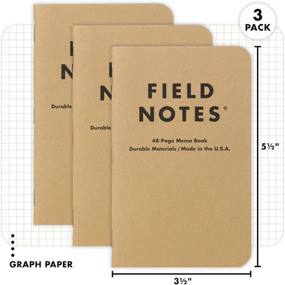 Field Notes: Original Kraft 3-Pack - Mixed Paper (1 Graph/Grid, 1 Ruled/Lined, 1 Plain/Blank) Memo Books - 48 Page Pocket Notebooks - 3.5" x 5.5"