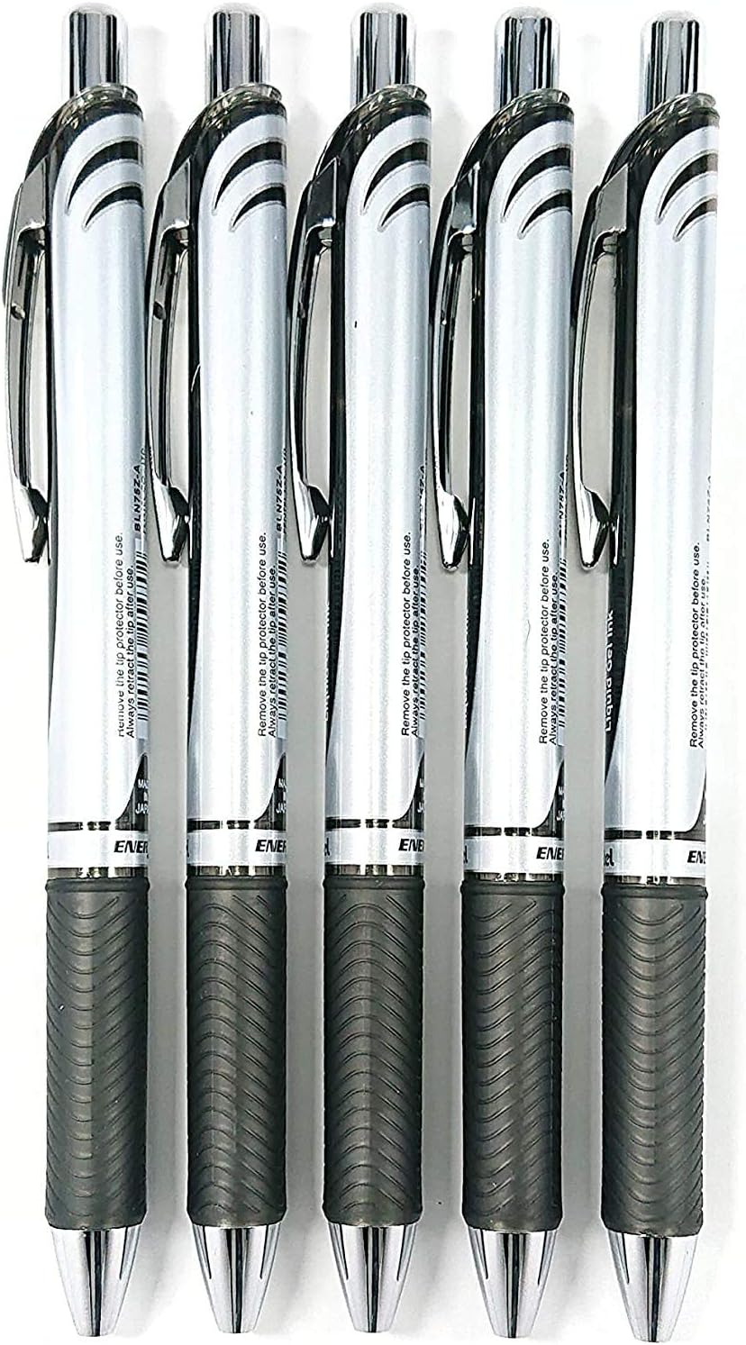 Pentel EnerGel Deluxe RTX Retractable Liquid Gel Pen,0.5mm, Fine Line, Needle Tip, Black Ink-Value set of 5