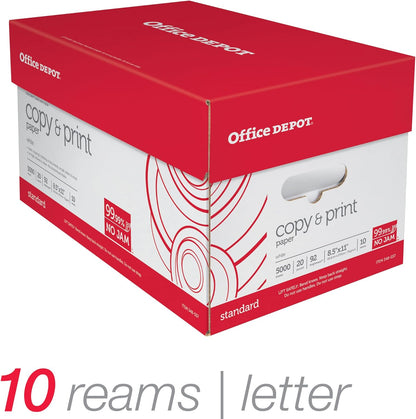 Office Depot White Copy Paper, 8 1/2in. x 11in., 20 Lb., 84 Brightness, Case Of 10 Reams