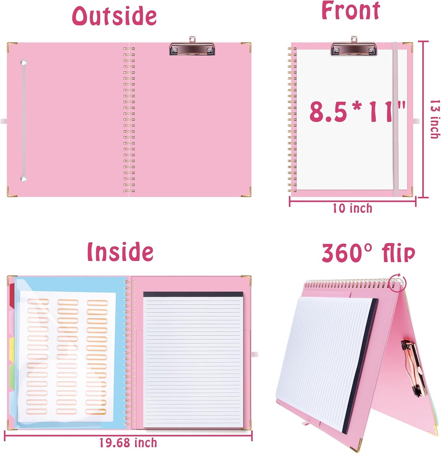 HAUTOCO Clipboard Folio with Refillable Notepad for Letter Size (11" x 8.5"), 5 Dividers with 10 Pockets, Elastic Pen Holder and File Folder Labels, Spiral Nurse Clipboard Artboard(Green)
