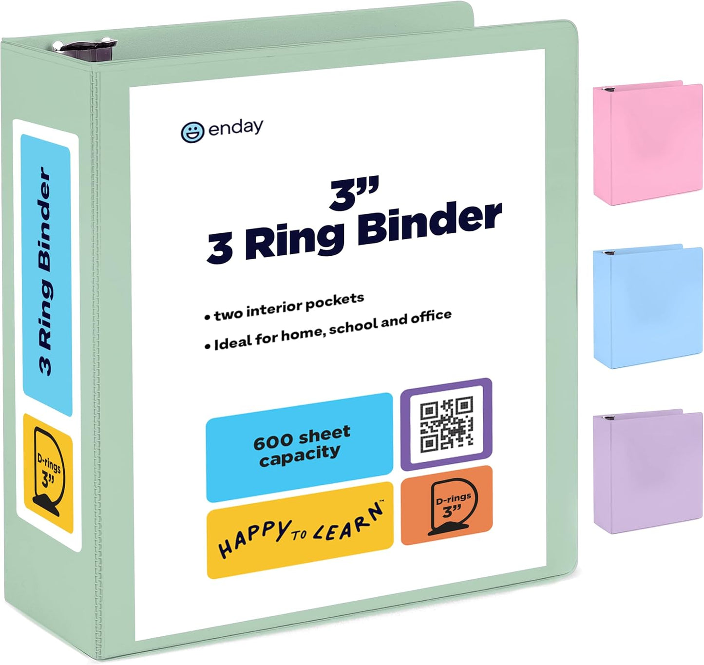 Enday 1.5 Inch Binder, Green - 1.5 Inch 3 Ring Binder, Round Ring Pastel with Clear View Cover for Letter Size 8.5 x 11'' Paper & 2 Inside Pockets, Ideal for School Supplies, Office, and Home