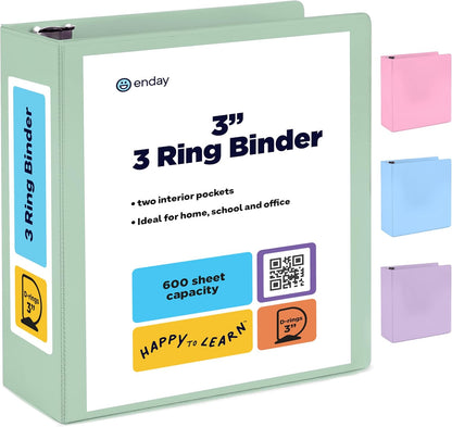 Enday 1.5 Inch Binder, Green - 1.5 Inch 3 Ring Binder, Round Ring Pastel with Clear View Cover for Letter Size 8.5 x 11'' Paper & 2 Inside Pockets, Ideal for School Supplies, Office, and Home